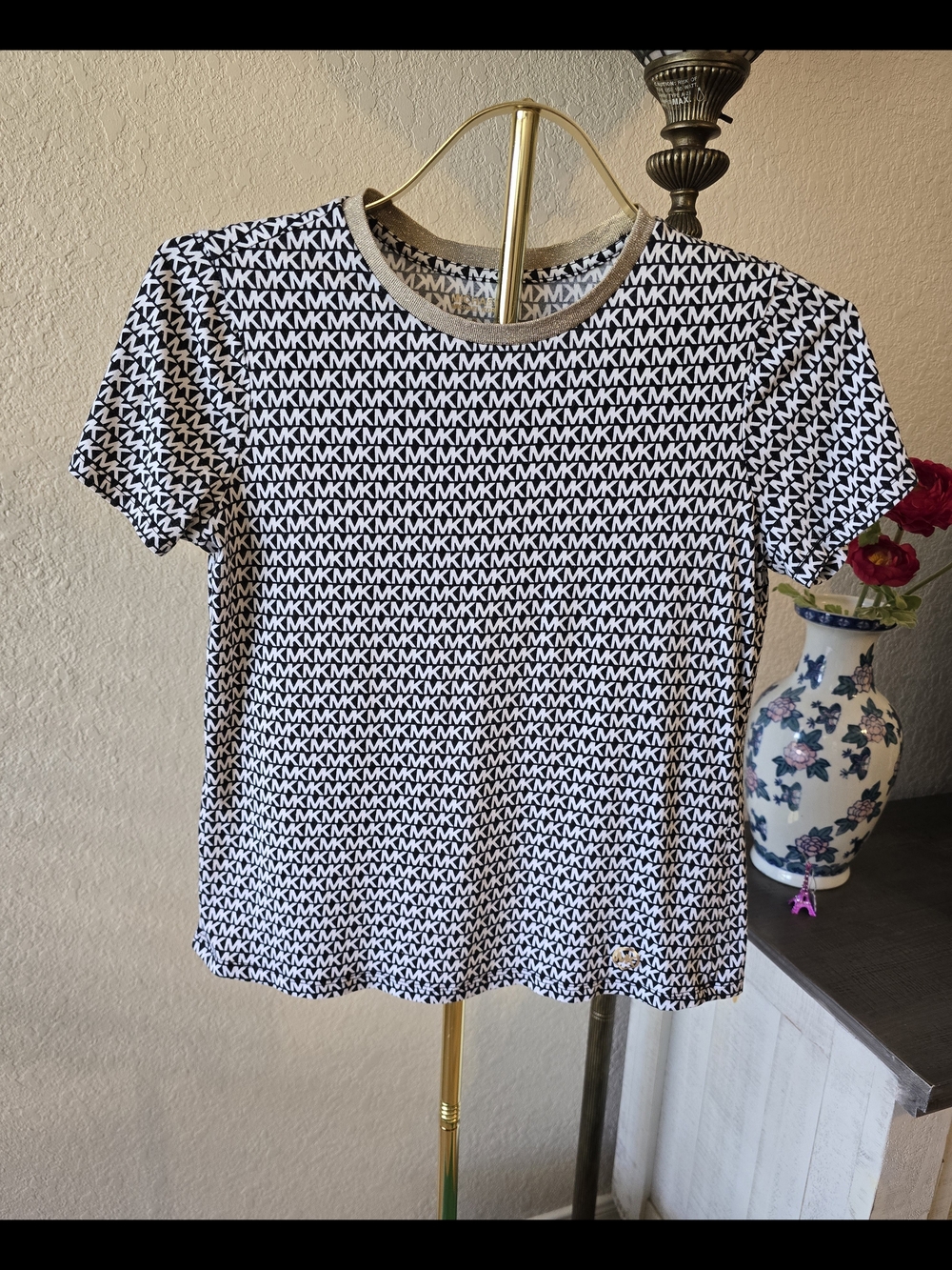 MICHAEL Michael Kors Black & White Allover MK Logo Gold Trim Collar
